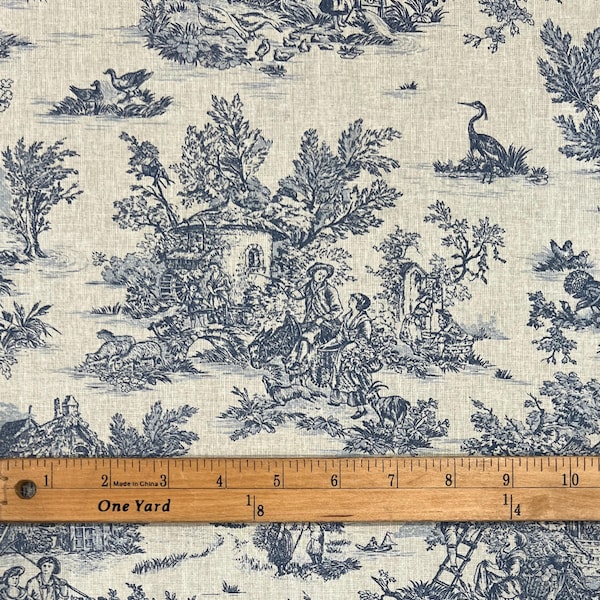 Tela Toile de Jouy francesa azul de pequeño formato con estampado pastoral / 152 cm de ancho / 100 % algodón / Precio por medio metro / Para costura, acolchado y manualidades