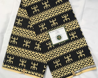 African Black and Pale Yellow Abstract Print Cotton Fabric sold by the yard or the 6-yd piece