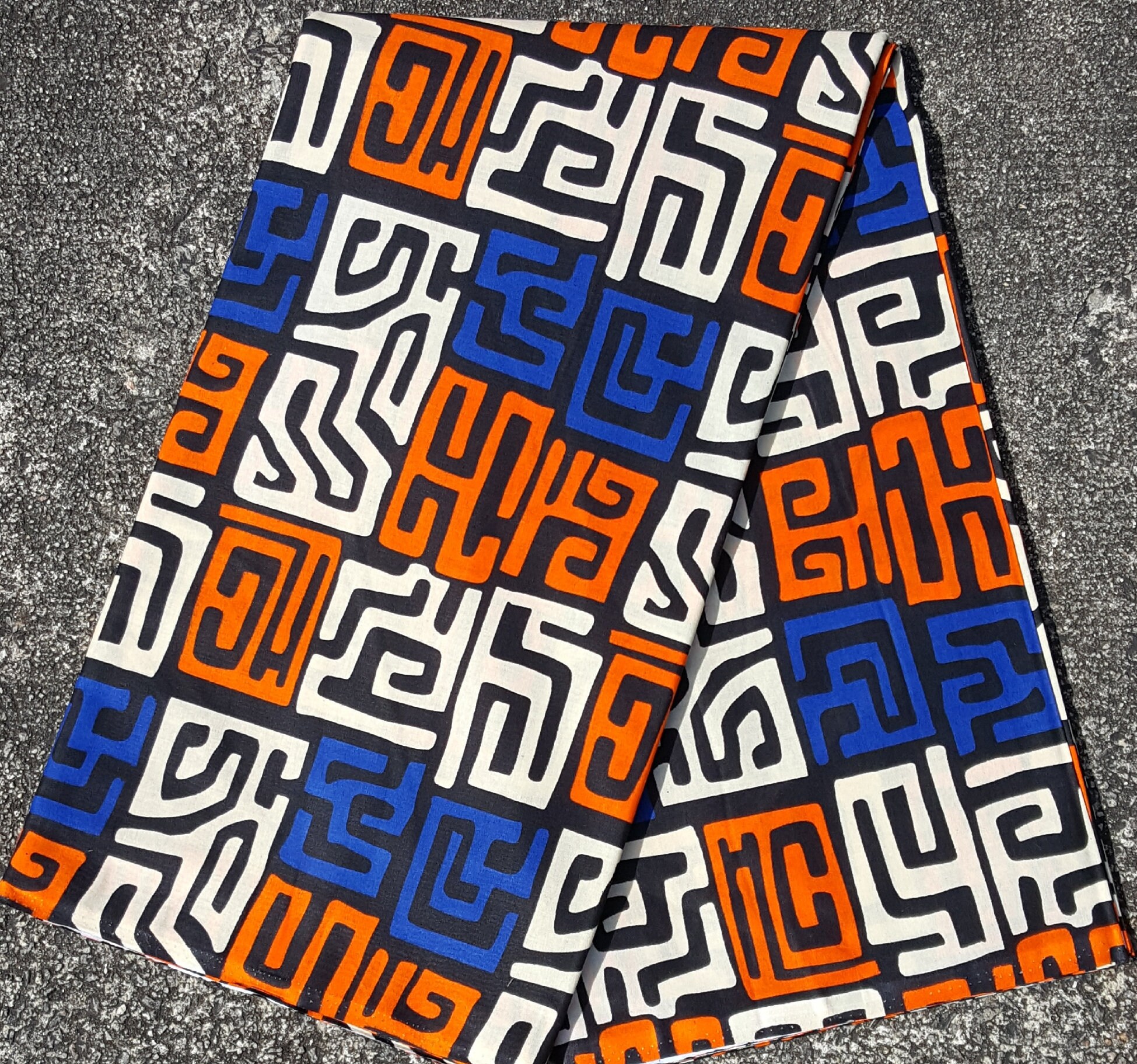 Kuba cloth design print cotton in blue and orange fabric sold by the …