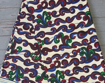 African Blue, Red, and Green on Cream Wave Design Printed Cotton Fabric | Sold by the Yard