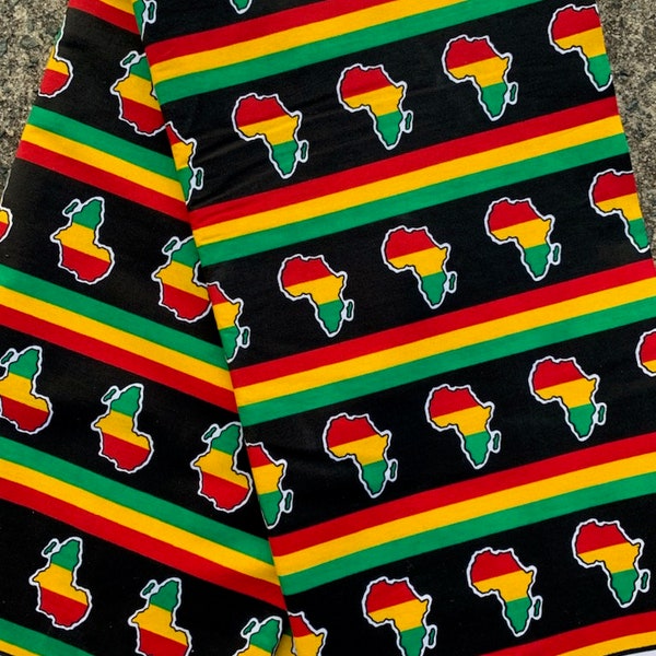 Striped Yellow, Green, and Red African Cotton Fabric with Maps sold by the yard