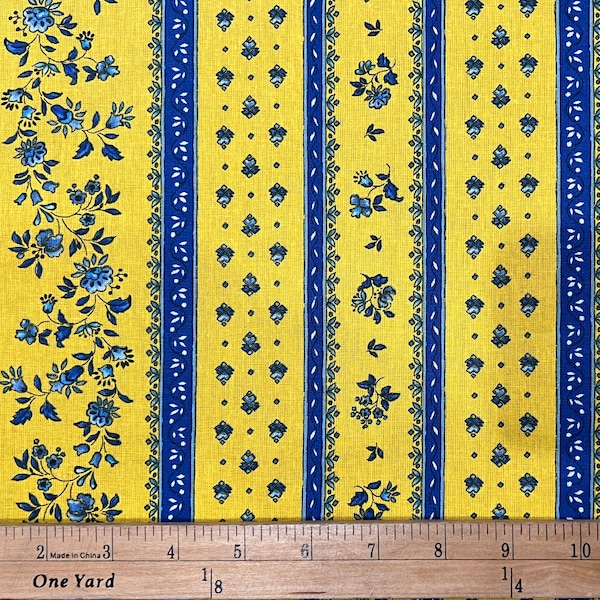 French Provence Floral Stripe Fabric | Blue and Yellow | 100% Cotton | Approx. 63" Wide | Priced by the HALF YARD | Perfect for Quilting