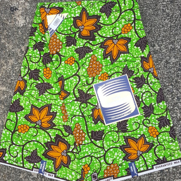 Green with Orange Leaves Supreme Wax Ankara Cotton Fabric sold by the yard