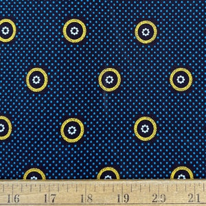 Yellow, Blue and White on Brown "Circle" Print Shweshwe Fabric from South Africa (1308) | Sold by the HALF Meter - For Sewing, Quilting