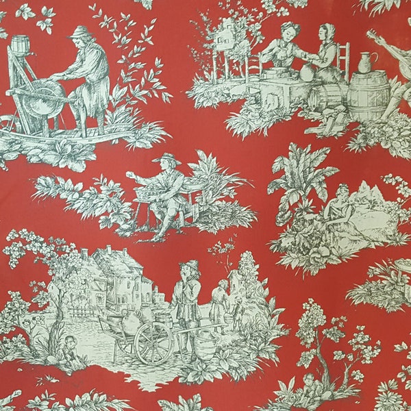French Red Pastoral toile fabric (71" wide), priced by the HALF yard