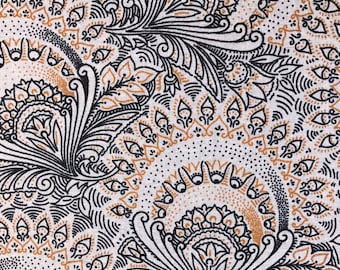 3 Cats floral mustard and black on cream shweshwe fabric from South Africa sold by the HALF meter - shipped from USA