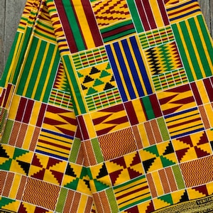Kente Cloth Printed Fabric | Green, Yellow, Red and Blue | 100% Cotton | Sold by the Yard or 6-Yard Piece | from Mali, West Africa