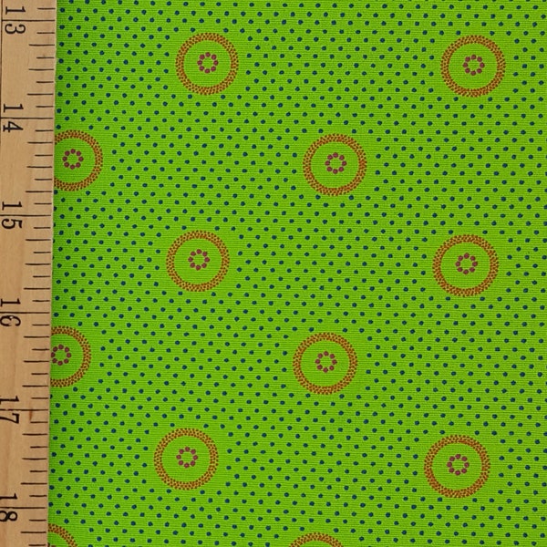 3 Cats shweshwe circle pattern fabric in lime green from South Africa sold by the HALF meter - shipped from USA
