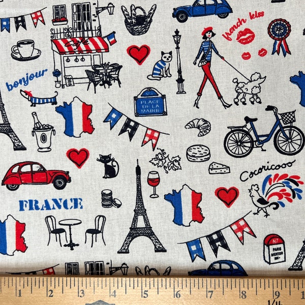 Red, White, and Blue French Symbol Fabric (62" wide) priced by the HALF yard