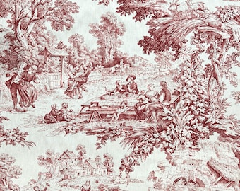 Italian Country Print Decorator Weight Toile Fabric in Red | 70" wide | Priced by the HALF yard | For Sewing, Drapery, Upholstery