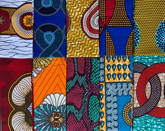 May include: A patchwork fabric with nine different colorful patterns. The patterns include circles, zigzags, and geometric shapes. The fabric is made of cotton and is perfect for quilting, sewing, and crafting.