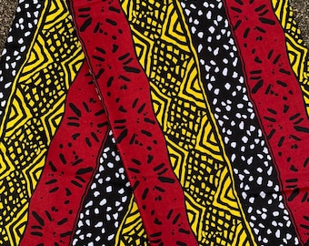 Striped Mudcloth-Inspired African Print Fabric | Sold by the Yard | 100% Cotton | Black, Yellow and Burgundy | for Quilting, Sewing, Crafts