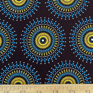 Yellow, Blue and White on Brown "Sunburst" Print Shweshwe Fabric from South Africa (1502) | Sold by the HALF Meter - For Sewing, Quilting