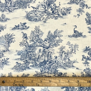Wide Blue French Small-Scale Pastoral Toile Fabric | 109&quot; wide | 100% Cotton | Priced by the HALF Yard | For Sewing, Quilting and Crafts