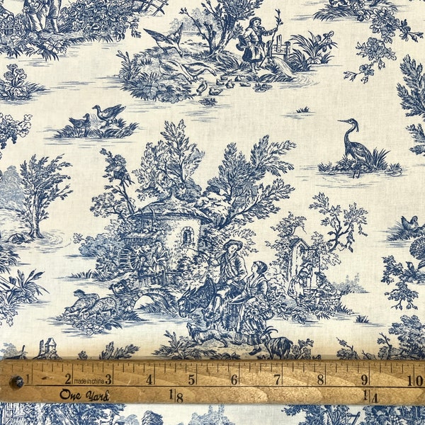 Wide Blue French Small-Scale Pastoral Toile Fabric | 107" wide | 100% Cotton | Priced by the HALF Yard | For Sewing, Quilting and Crafts