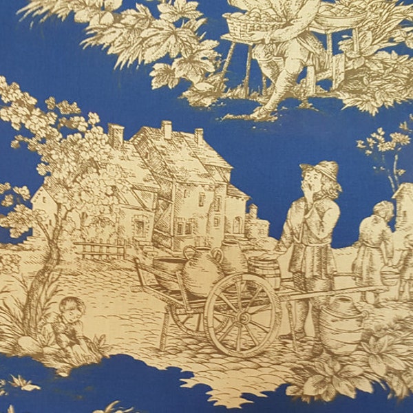 French Blue Pastoral toile fabric (71" wide), priced by the HALF yard