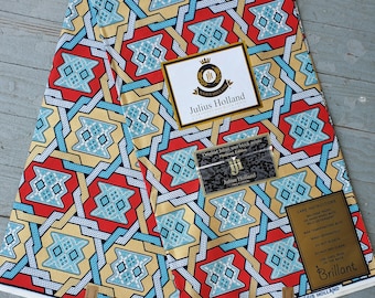Sold by the Yard Dutch Red, Blue, and Metallic Gold Wax Block Cotton Print by Julius Holland, from the Netherlands