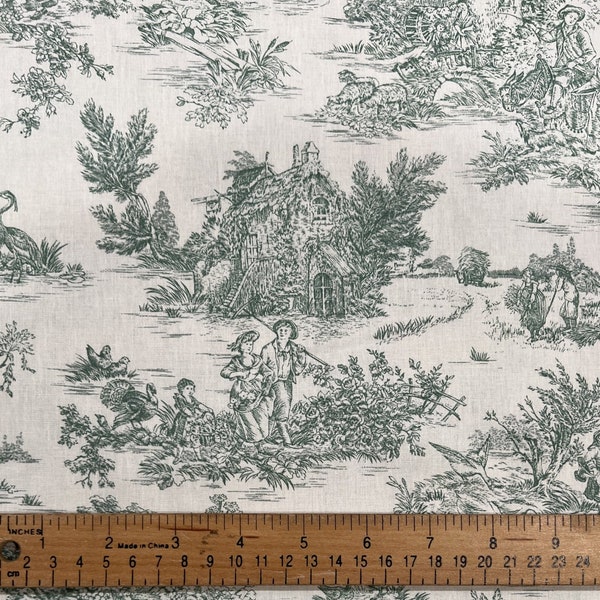 French Pastoral Small-Scale Toile Fabric in Green | Approx. 110" Wide | Priced by the HALF Yard | For Quilting, Sewing, Bedding, Crafts