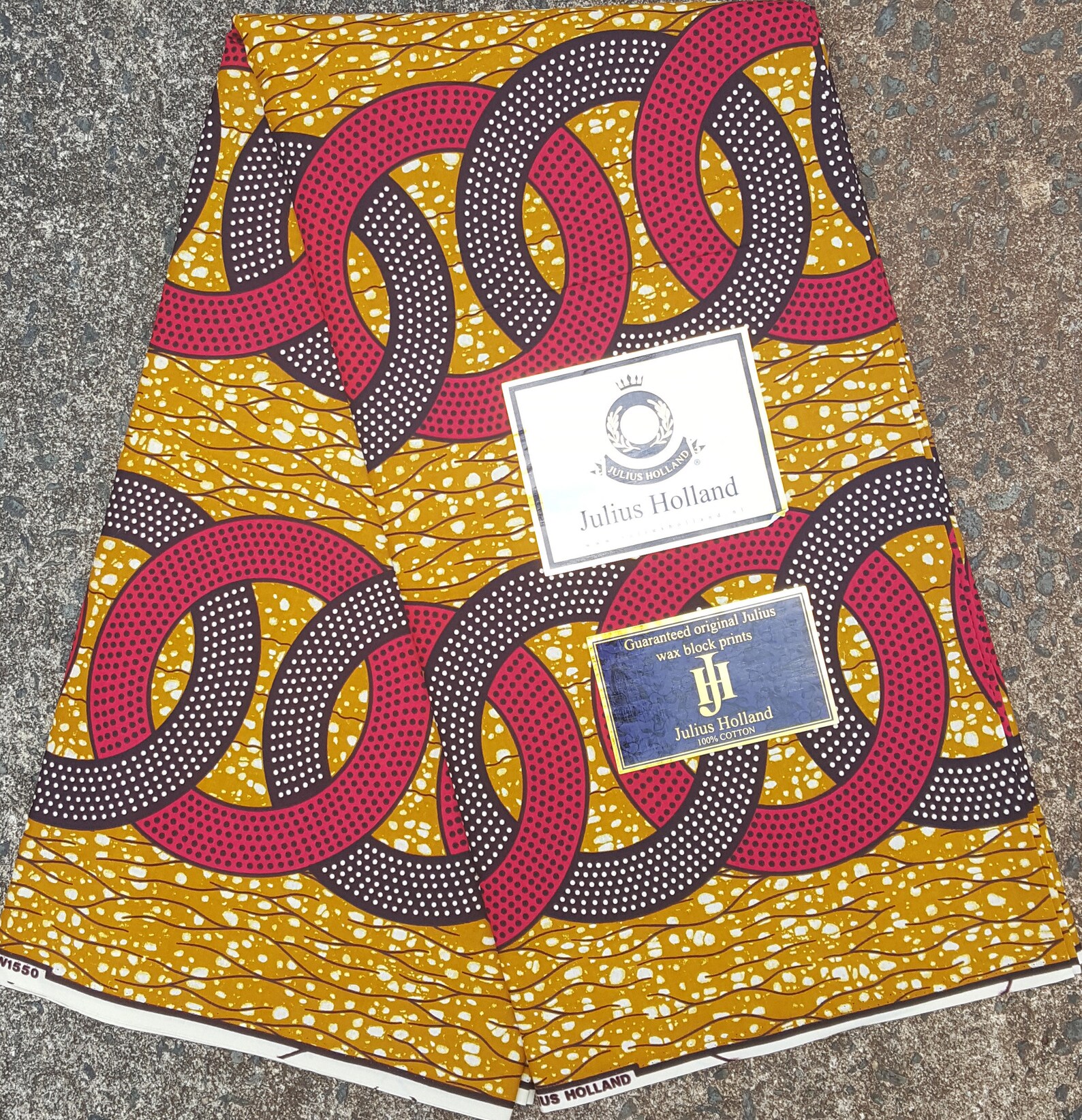 Cotton Ankara Wax Print Fabric with Oversized Fan & Paisley Pattern on Gold Crackle Base