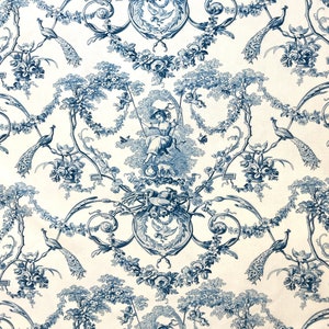 Blue and White  French "Girls on Swings" Decorator Weight Toile Fabric (108" wide), Priced by the Yard | For Sewing, Drapery and More