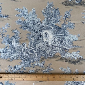 French Pastoral Large-Scale Tan Blue and White Toile Fabric (108&quot; wide), Priced by the Yard