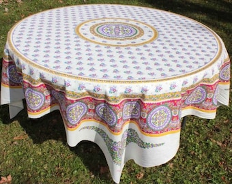 70-Inch Acrylic-Coated French Camargue Pink Floral Tablecloth Panel | Ready to be Hemmed Round or Square