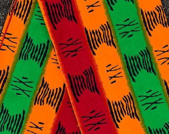 Red, Green and Orange Stripe African Print Fabric | 100% Cotton | Sold by the Yard | For Sewing, Quilting, Crafts and More