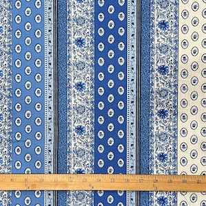 French Floral Stripe Fabric | Shades of Blue and White | 100% Cotton | Approx. 62" Wide | Priced by the HALF YARD | Perfect for Quilting