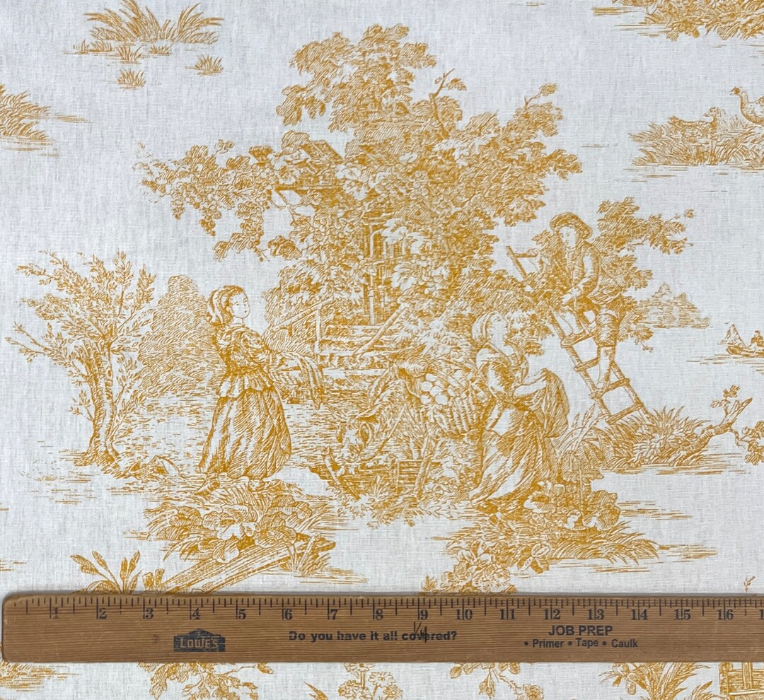 French Country Toile De Jouy Decorator Weight Toile Fabric in Yellow