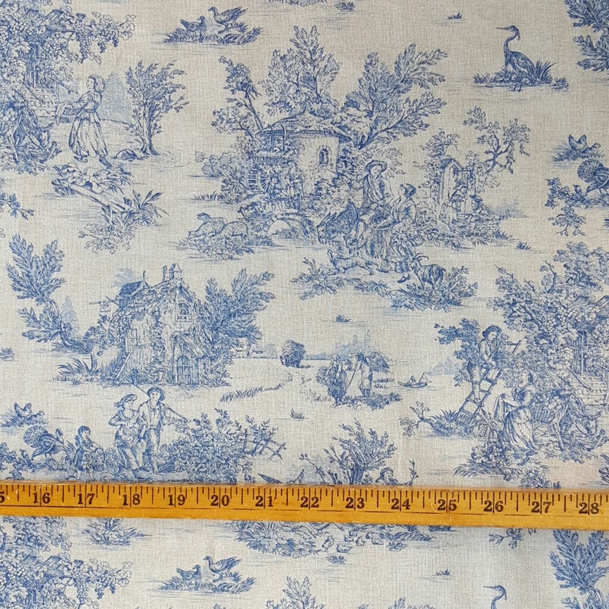 French Decorator Weight Pastoral Toile Fabric in Green and Cream