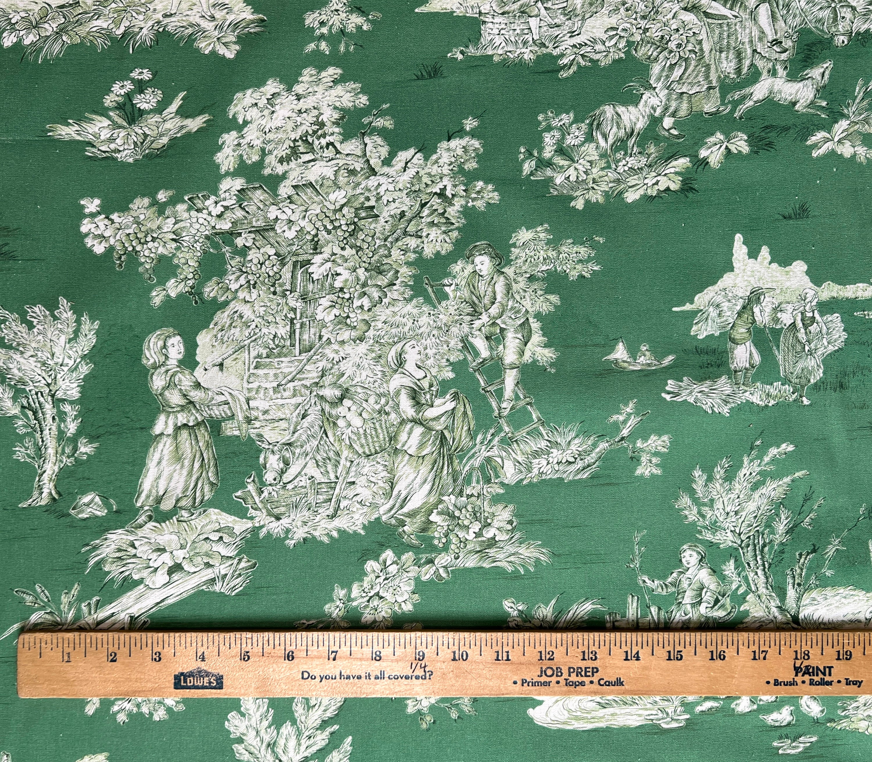 French Decorator Weight Pastoral Toile Fabric in Green and Cream