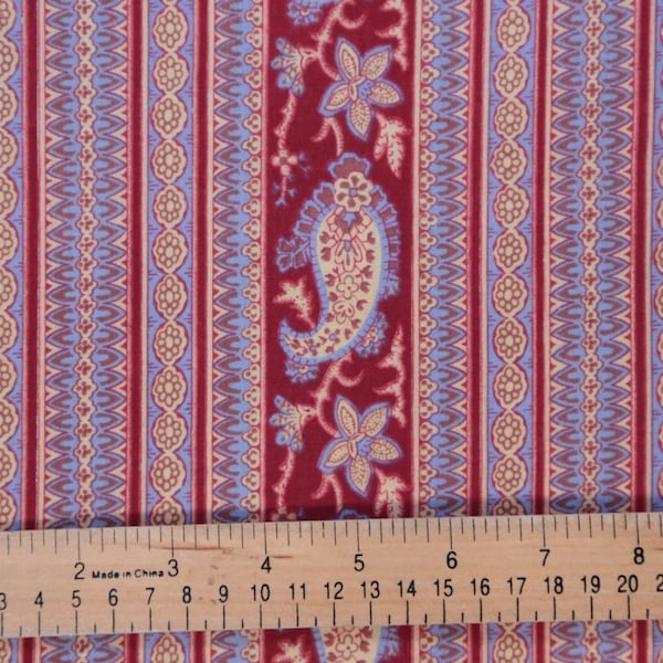 Sold by the Yard Vintage French Muted Red and Cornflower Blue Les Olivades "Bandes Bonis" Striped Cotton Fabric Approx. (58" wide)