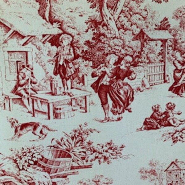 Red French Pastoral toile fabric (55" wide), priced by the HALF yard