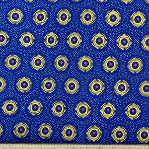 Red, Yellow and Blue on Royal Blue "Sunshine" Print Shweshwe Fabric from South Africa (1298) | Sold by the HALF Meter - For Quilting, Sewing