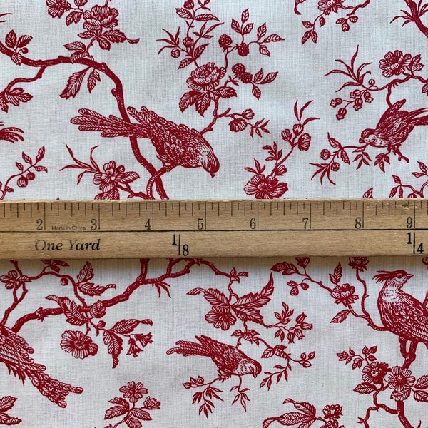 French Mésange Toile Birds and Florals Fabric in Red (109" wide), priced by the HALF yard