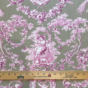 Grayish-Sage Green French "Girls on Swings" Decorator Weight Toile Fabric (108" wide), Priced by the Yard