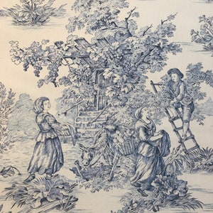 French Pastoral Large-Scale Blue on Cream Toile Fabric (108" wide), Priced by the Yard