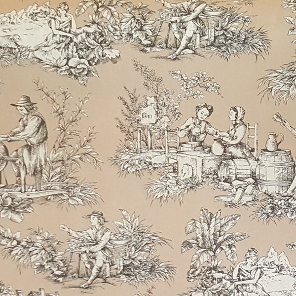 French Tan Pastoral toile fabric (71" wide), priced by the HALF yard