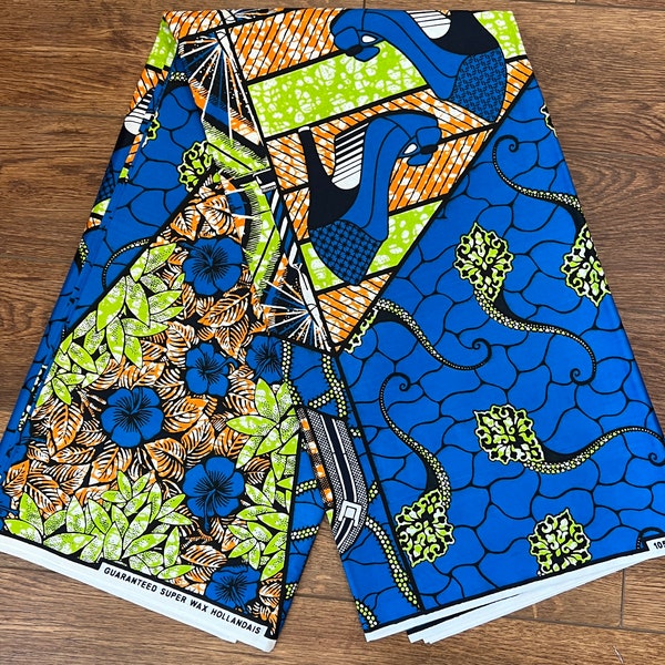 African Purse and Shoe Print Fabric | Sold by the Yard | 100% Cotton | Lime Green, Blue and Orange | for Quilting, Sewing, Crafts