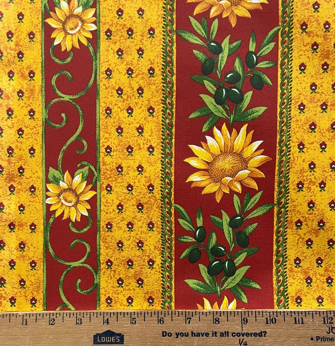 Acryliccoated Red Sunflower and Olive Fabric 62 Wide Priced by the