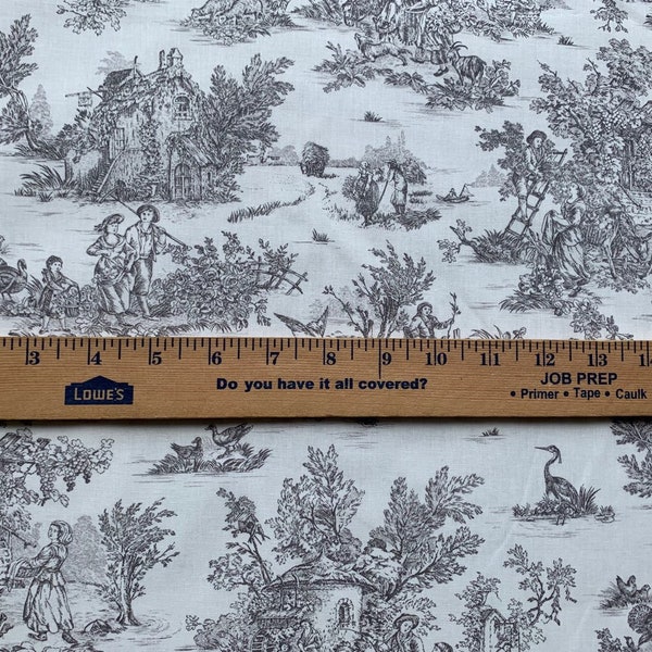 French Pastoral Small-Scale Dark Gray Toile Fabric (108" wide), Priced by the HALF Yard, for Quilting, Sewing, Crafting