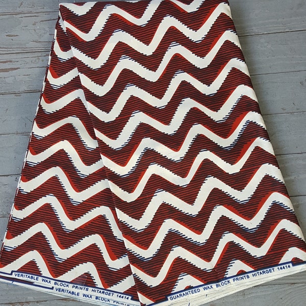 Blue, Cream, and Red African zigzag design printed cotton fabric sold by the yard