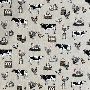 May include: A beige fabric with a repeating pattern of farm animals and elements. Cows, chickens, turkeys, ducks, eggs in baskets, milk bottles, and milk cans are illustrated in black and white.