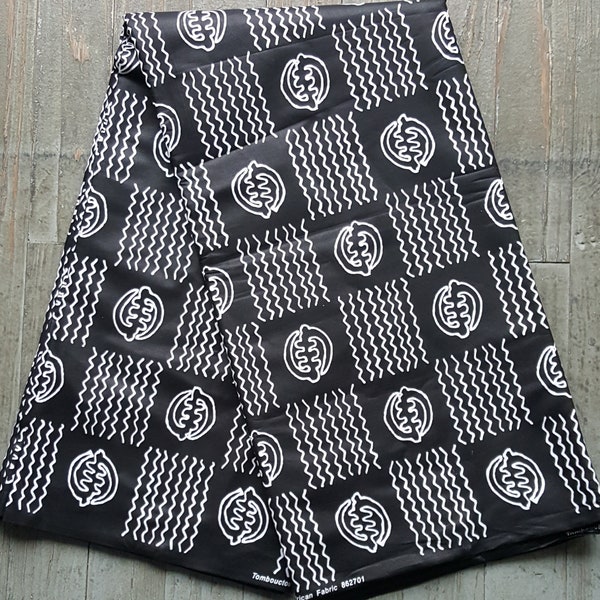 Black and White African print cotton fabric with Gye Nyame Symbol sold by the yard