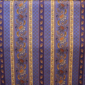 May include: Blue and yellow striped fabric with a floral pattern. The fabric has a repeating pattern of small flowers and leaves.