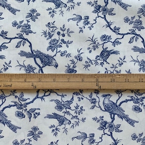 French Mésange Toile Birds and Florals Fabric in Blue | Approx. 109&quot; Wide | 100% Cotton | Priced by the HALF Yard