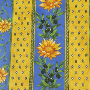 Acrylic Coated French Blue and Yellow Sunflower Stripe Fabric | Approx. 62&quot; wide | Priced by the Half Yard | Perfect for Tablecloths!