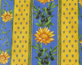 May include: A blue and yellow striped fabric with a repeating pattern of sunflowers and olive branches. The fabric has a rustic, farmhouse feel.