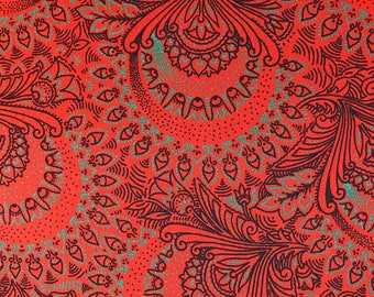 3 Cats orange, jade,and black floral shweshwe fabric from South Africa sold by the HALF meter