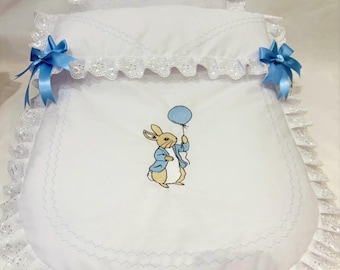 Baby Pram Quilt & Pillow Set to fit, Any pram White fabric and Peter.Rabbit Bunny design. Perfect Gift